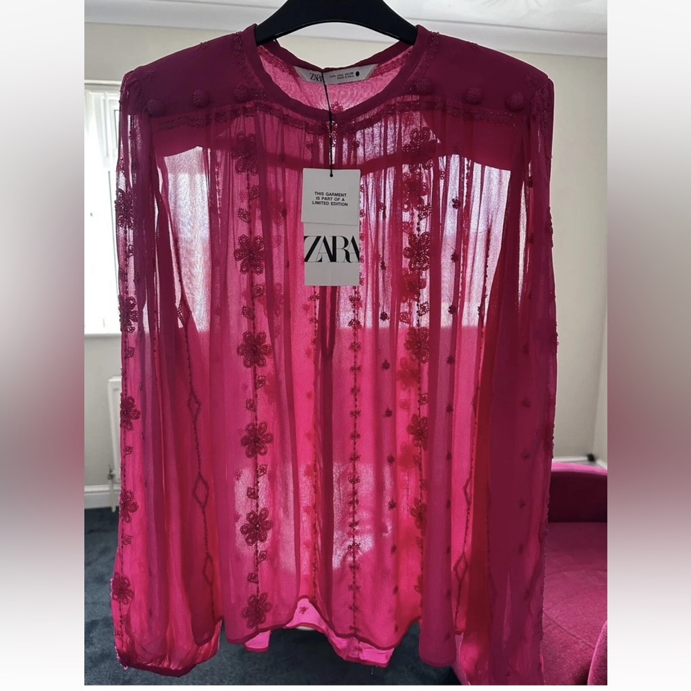 Zara Fuchsia Sheer Limited Edition Embroidered Sequin Blouse